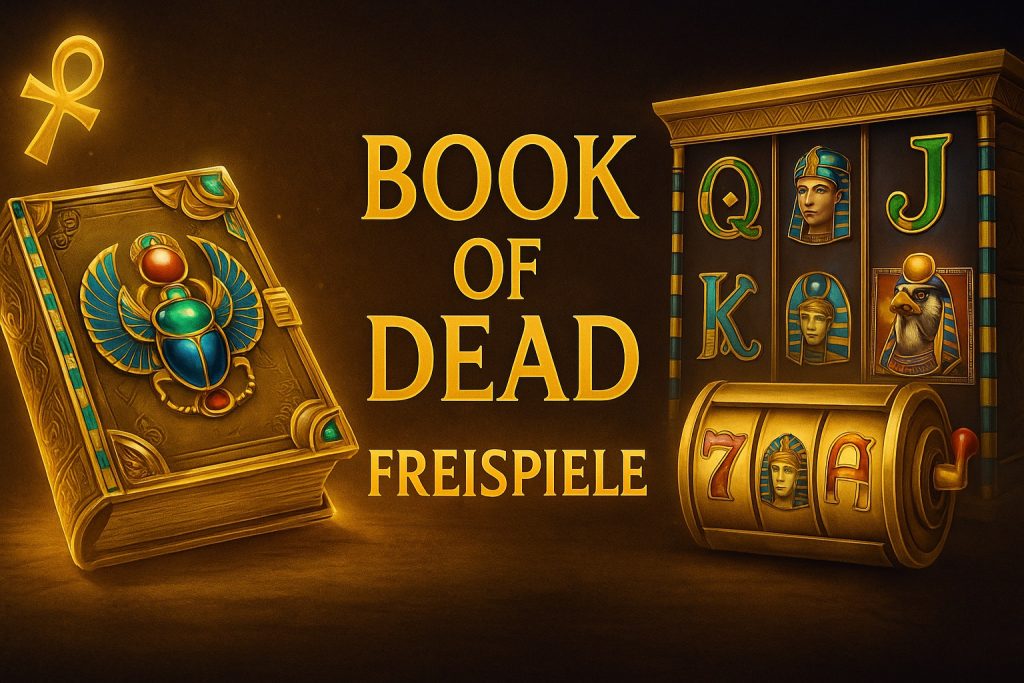 Moderner Casino-Banner mit antikem Buch, ägyptischen Symbolen und Slotmaschine, der Book of Dead Freispiele hervorhebt