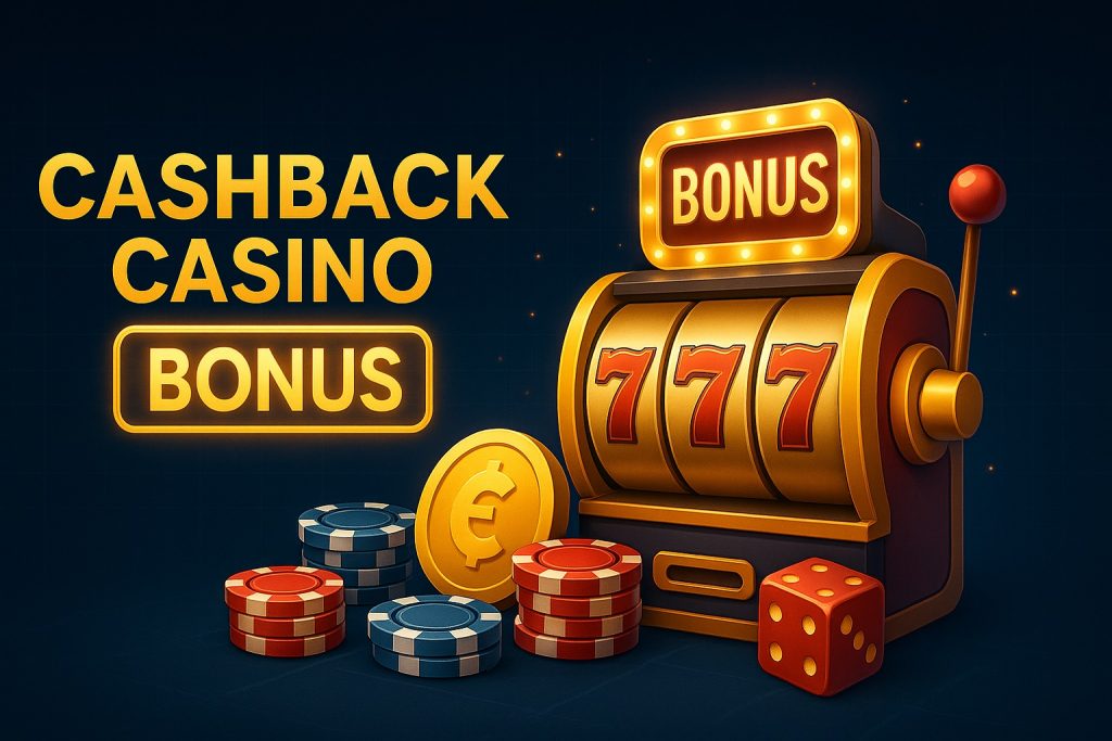 Moderner Casino-Banner mit Slotmaschine, der den Cashback Casino Bonus hervorhebt