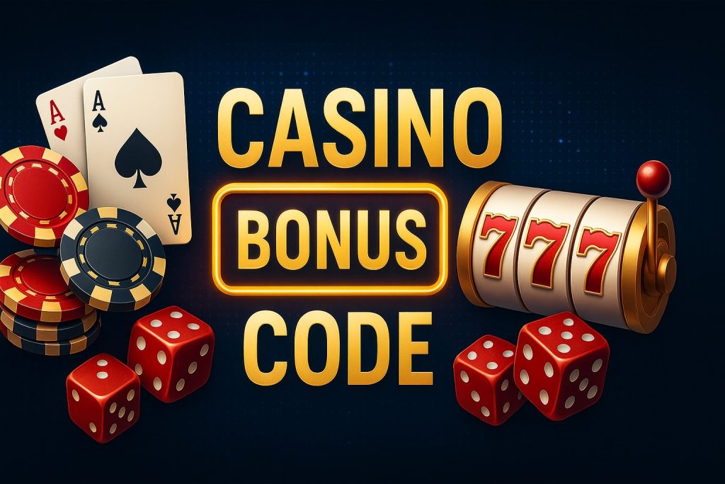 Moderner Casino-Banner mit Pokerchips, Spielkarten, Würfeln und Slotrollen, der den Casino Bonus Code hervorhebt