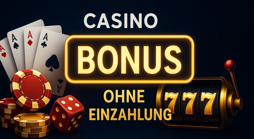 Moderner Casino-Banner mit Pokerchips, Karten und Slotrollen, der Casino Bonus ohne Einzahlung hervorhebt