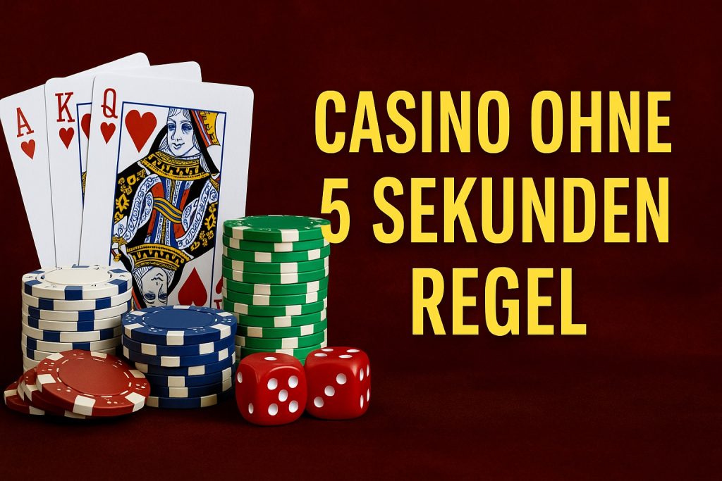 Casino ohne 5 Sekunden Regel mit Spielkarten, Würfeln und Chips – Symbol für schnelles Spielen ohne Spin-Pause