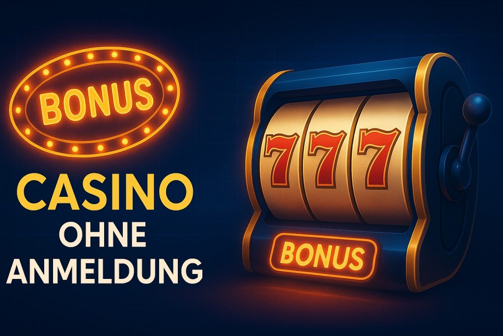 Moderner Casino-Banner mit Slotmaschine und leuchtendem Bonus-Symbol, der Casino ohne Anmeldung hervorhebt