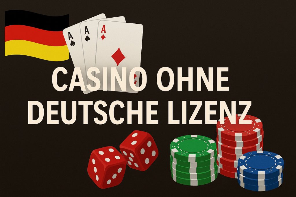 Casino ohne deutsche Lizenz mit deutschen Spielkarten, Würfeln und Chips – Symbol für internationale Online Casinos ohne GGL-Regulierung.