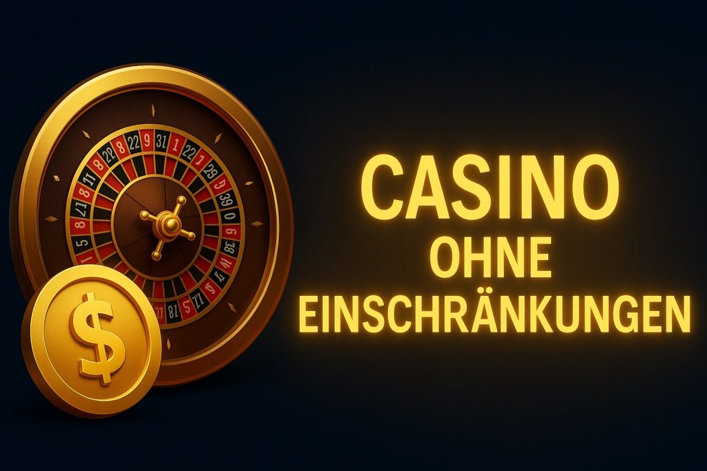 Moderner Casino-Banner mit Roulette-Rad, goldener Münze und leuchtendem Text, der Casino ohne Einschränkungen hervorhebt