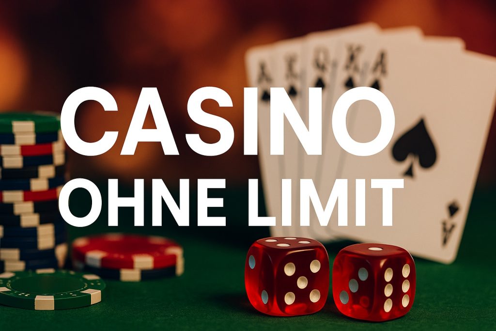 Casino Ohne Limit mit Spielkarten, Würfeln und Chips - Symbol für unbegrenztes Spielen ohne Einsatz- und Auszahlungslimits