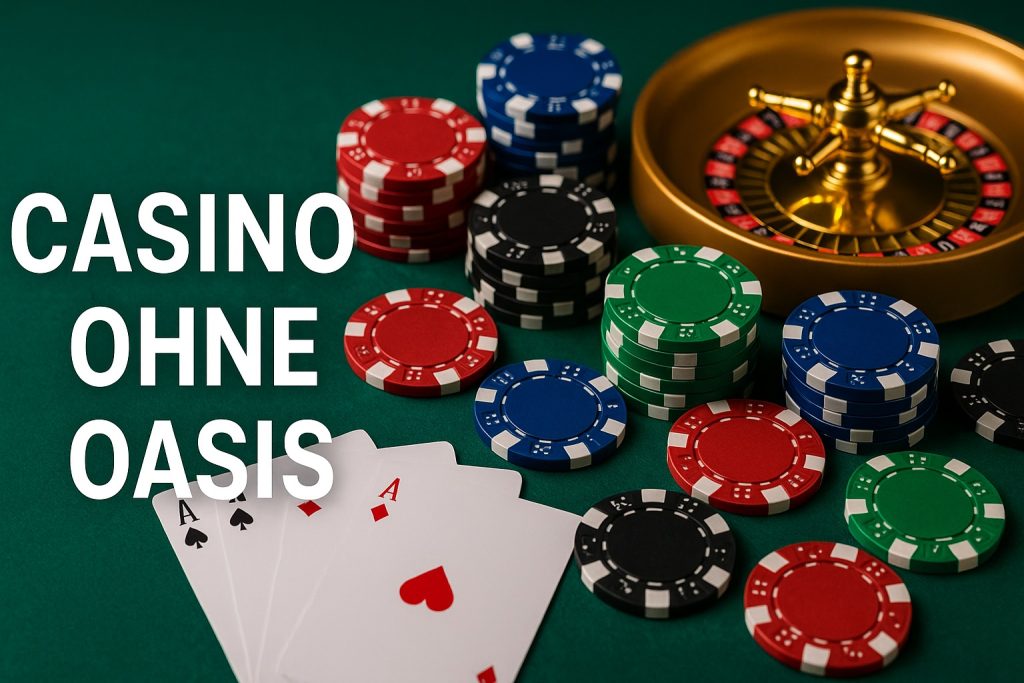 Casino ohne OASIS -Schriftzug auf grünem Spieltisch mit Roulette, Pokerchips und Spielkarten