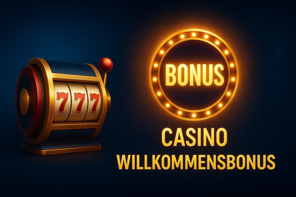 Moderner Casino-Banner mit Slotmaschine und leuchtendem Bonus-Symbol, der den Casino Willkommensbonus hervorhebt