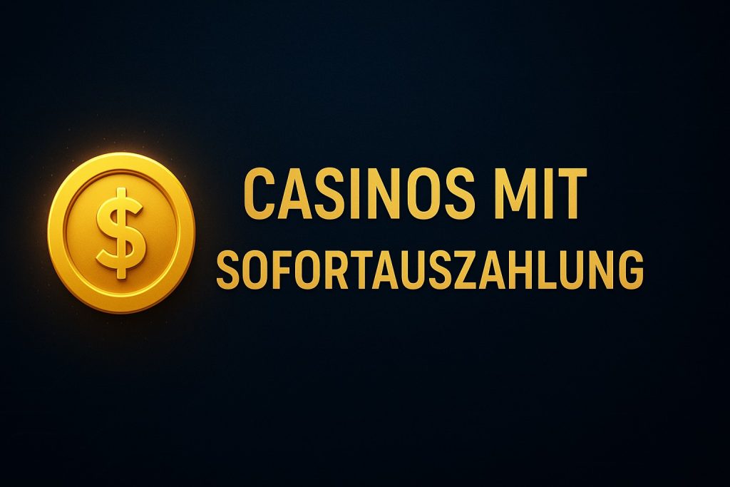 Moderner Casino-Banner mit Slotmaschine und Geldsymbol, der Casinos mit Sofortauszahlung hervorhebt