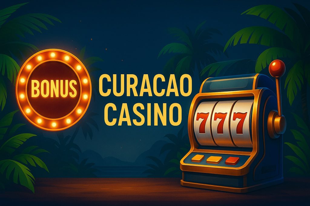 Moderner Casino-Banner mit tropischem Flair, Slotmaschine und leuchtendem Bonus-Symbol, der Curacao Casino hervorhebt