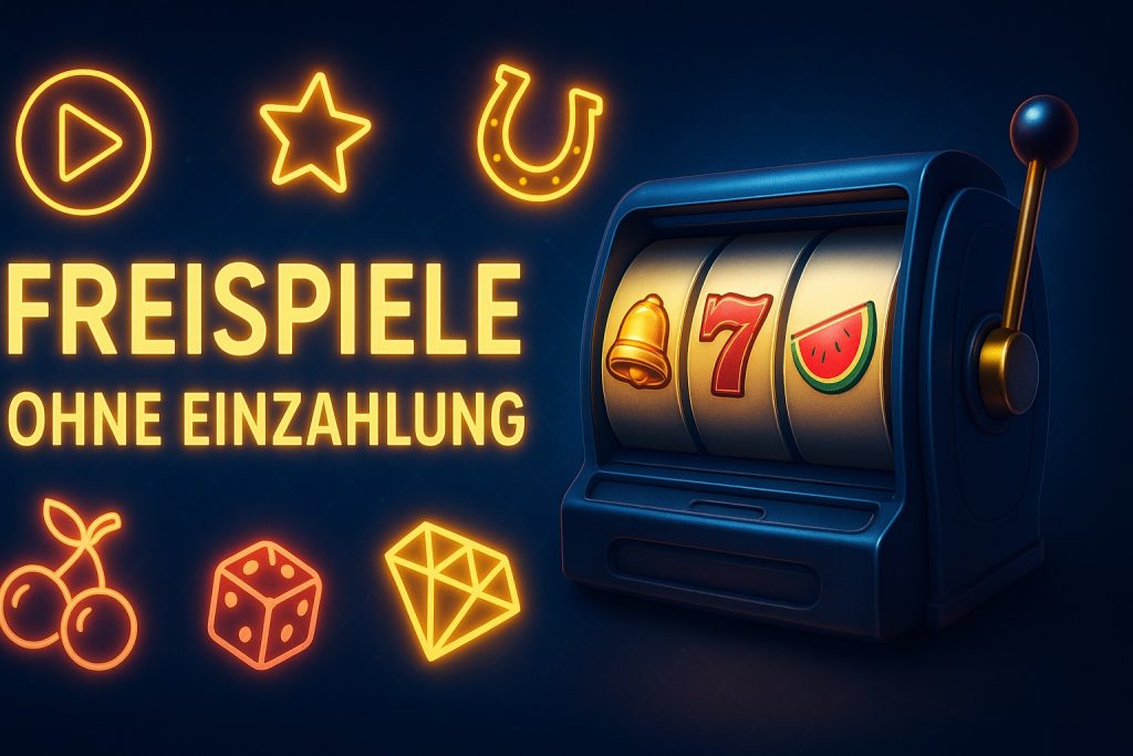 Moderner Casino-Banner mit Slotmaschine und leuchtenden Symbolen, der Freispiele ohne Einzahlung hervorhebt