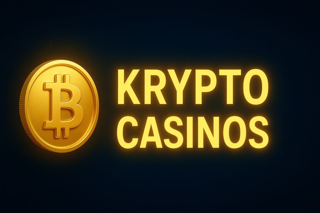 Moderner Casino-Banner mit goldener Bitcoin-Münze und leuchtendem Text, der Krypto Casinos hervorhebt