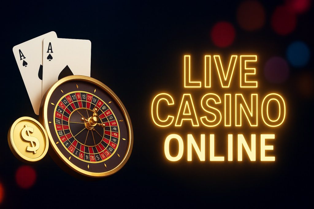 Moderner Casino-Banner mit Roulette-Rad, Spielkarten und leuchtendem Text, der Live Casino Online hervorhebt