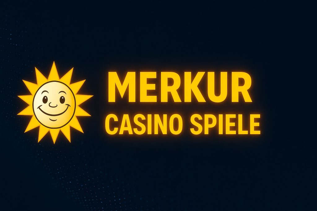 Moderner Casino-Banner mit Merkur-Sonnensymbol und leuchtendem Text, der Merkur Casino Spiele hervorhebt