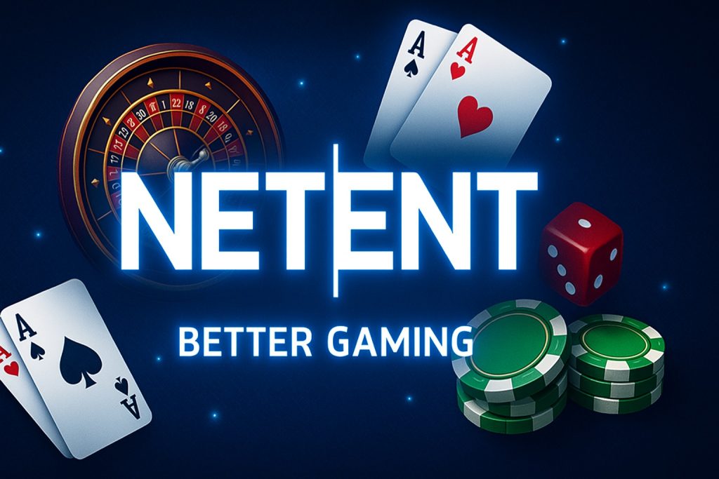 Moderner Casino-Banner mit leuchtendem Text und Spielelementen, der NetEnt Casino Spiele hervorhebt