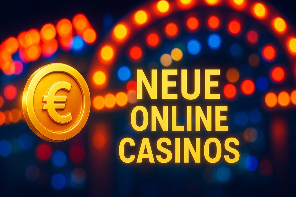Moderner Casino-Banner mit goldener Münze, leuchtenden Casino-Lichtern und Text, der neue Online Casinos hervorhebt