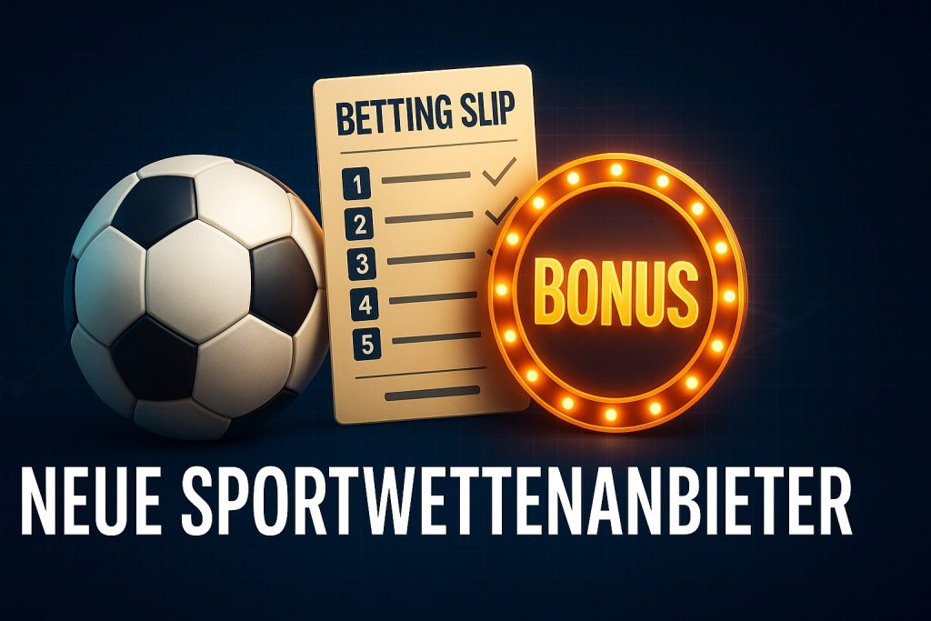 Moderner Sportwetten-Banner mit Fußball, Wettschein und leuchtendem Bonus-Symbol, der neue Sportwettenanbieter hervorhebt