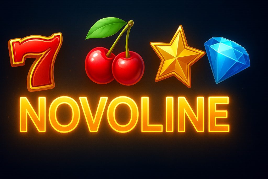 Moderner Casino-Banner mit Slot-Symbolen und leuchtendem Text, der Novoline Casino Spiele hervorhebt