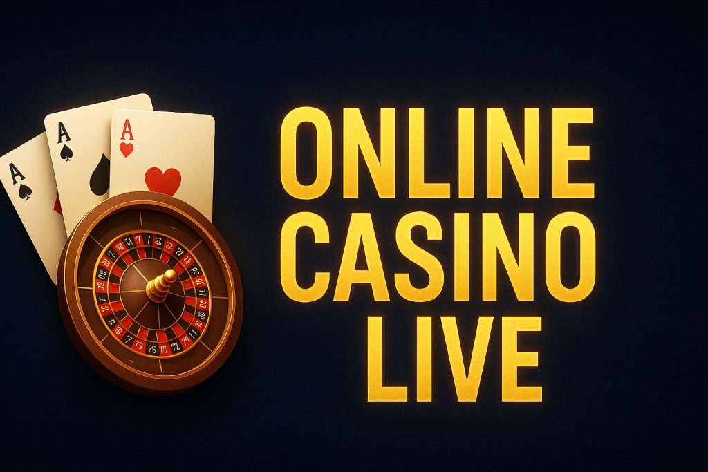 Moderner Casino-Banner mit Spielkarten, Roulette-Rad und leuchtendem Text, der Online Casino Live hervorhebt
