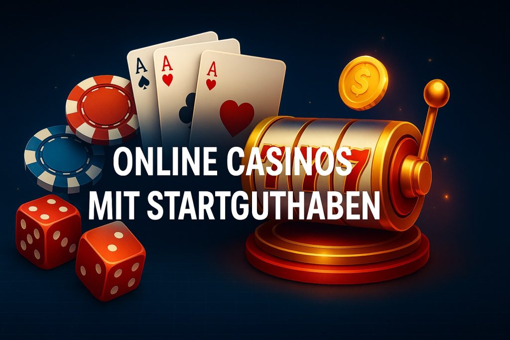 Moderner Casino-Banner mit Slotmaschine und leuchtendem Bonus-Symbol, der Online Casinos mit Startguthaben hervorhebt
