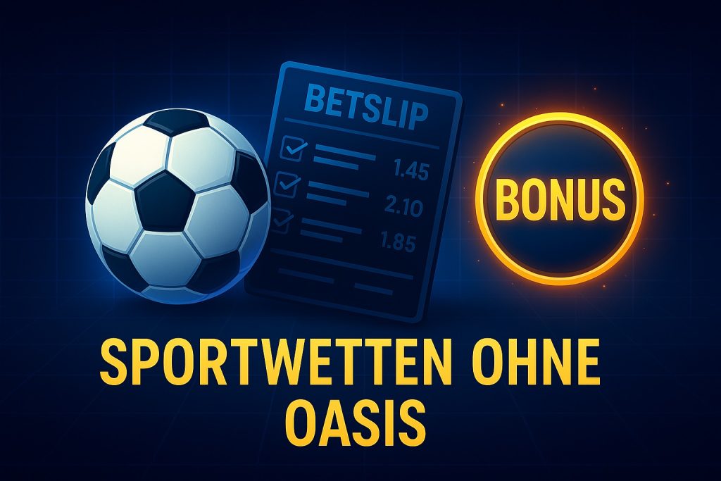 Moderner Sportwetten-Banner mit Fußball, Wettschein und leuchtendem Bonus-Symbol, der Sportwetten ohne OASIS hervorhebt