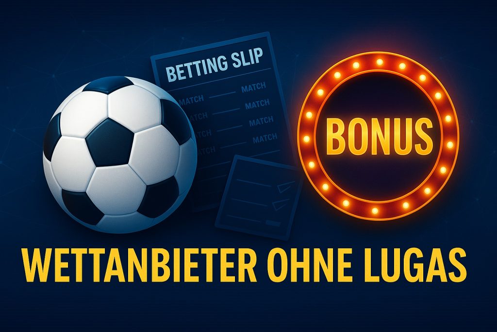 Moderner Sportwetten-Banner mit Fußball, Wettschein und leuchtendem Bonus-Symbol, der Wettanbieter ohne LUGAS hervorhebt